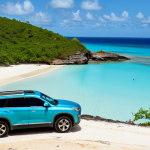 **

"A family-friendly scene of a modern SUV parked near Half Moon Bay in Antigua and Barbuda. The car is fully visible and clean. In the background, crystal-clear turquoise water and white sand beach. People are enjoying the beach responsibly. Safe for work, appropriate content, fully clothed, professional photography, perfect anatomy, natural proportions, sunny day, clear sky, tropical setting, modest attire."

**