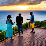 Shirley Heights Lookout at Sunset**

"A vibrant scene at Shirley Heights Lookout at sunset, Antigua. People are enjoying live reggae music and barbecue. Fully clothed individuals are dancing and laughing. The sun is setting over the ocean, creating a warm and inviting atmosphere.  Appropriate attire, family-friendly, safe for work, perfect anatomy, natural proportions, high-quality photography."

**