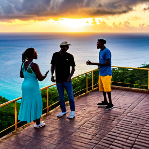 Home 23 Shirley Heights Lookout at Sunset**
"A vibrant scene at Shirley Heights Lookout at sunset, Antigua. People are enjoying live reggae music and barbecue. Fully clothed individuals are dancing and laughing. The sun is setting over the ocean, creating a warm and inviting atmosphere. Appropriate attire, family-friendly, safe for work, perfect anatomy, natural proportions, high-quality photography."
**