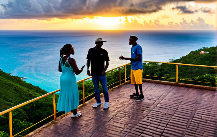 Shirley Heights Lookout at Sunset**

"A vibrant scene at Shirley Heights Lookout at sunset, Antigua. People are enjoying live reggae music and barbecue. Fully clothed individuals are dancing and laughing. The sun is setting over the ocean, creating a warm and inviting atmosphere.  Appropriate attire, family-friendly, safe for work, perfect anatomy, natural proportions, high-quality photography."

**