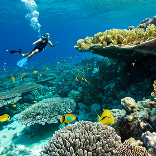 Home 22 Ecotourism in Antigua & Barbuda**
"A group of tourists snorkeling in a vibrant coral reef, led by a guide. The tourists are wearing appropriate swimwear and snorkeling gear. The reef is teeming with colorful fish. In the background, a catamaran is visible. Environmentally friendly practices are highlighted. Safe for work, appropriate content, fully clothed (except for swimwear suitable for snorkeling), professional, perfect anatomy, correct proportions, natural pose, underwater photography, high quality, bright colors."
**