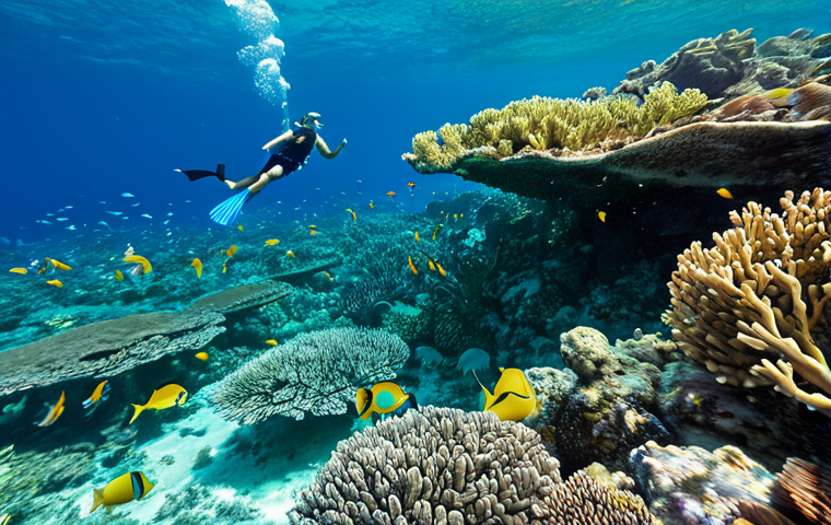 Ecotourism in Antigua & Barbuda**

"A group of tourists snorkeling in a vibrant coral reef, led by a guide. The tourists are wearing appropriate swimwear and snorkeling gear. The reef is teeming with colorful fish. In the background, a catamaran is visible. Environmentally friendly practices are highlighted. Safe for work, appropriate content, fully clothed (except for swimwear suitable for snorkeling), professional, perfect anatomy, correct proportions, natural pose, underwater photography, high quality, bright colors."

**