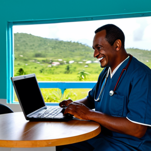 Home 13 Telemedicine in Action**
"A doctor in Antigua and Barbuda conducting a telemedicine consultation with a patient in a rural area, using a laptop. The patient is fully clothed and smiling. Background shows a modest, clean home interior. Safe for work, appropriate content, fully clothed, professional, perfect anatomy, natural proportions, high quality."
**