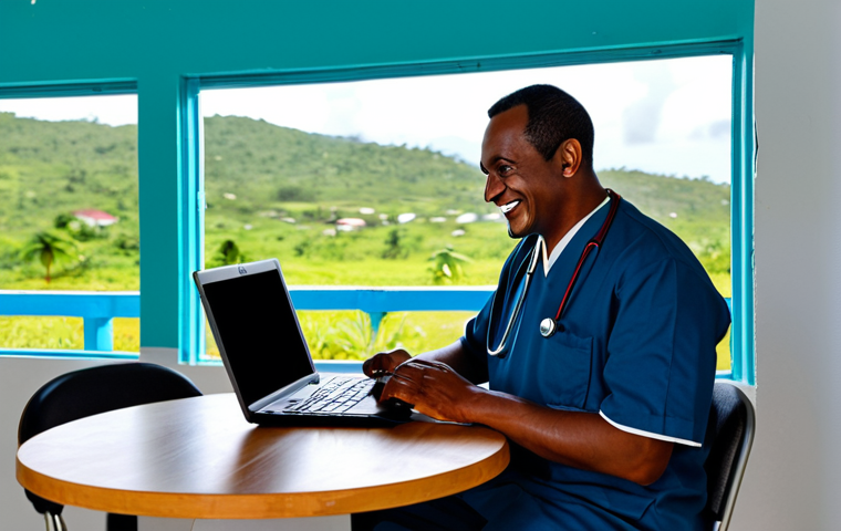Telemedicine in Action**

"A doctor in Antigua and Barbuda conducting a telemedicine consultation with a patient in a rural area, using a laptop. The patient is fully clothed and smiling. Background shows a modest, clean home interior. Safe for work, appropriate content, fully clothed, professional, perfect anatomy, natural proportions, high quality."

**