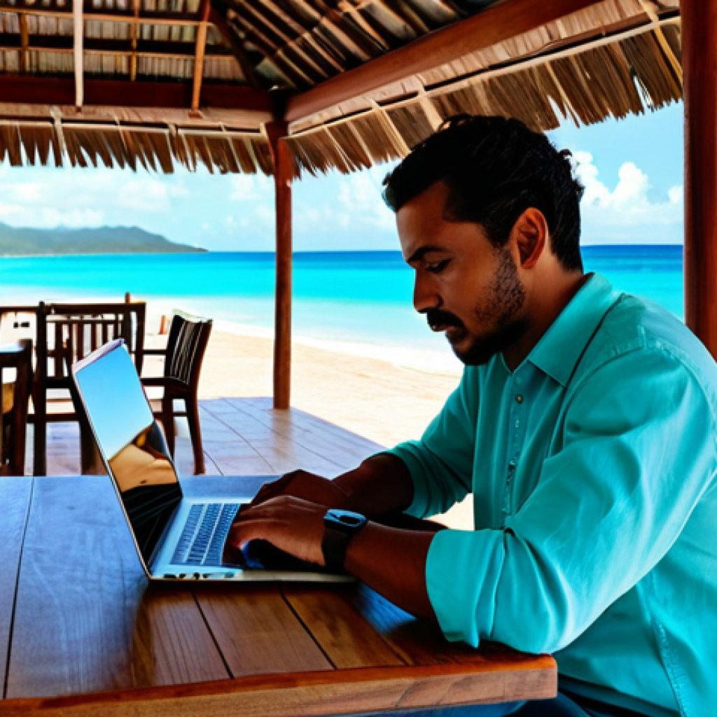 앤티가 바부다 디지털 노마드 생활 - "A digital nomad working on a laptop at a cafe in Antigua, fully clothed in casual attire, with a vi...