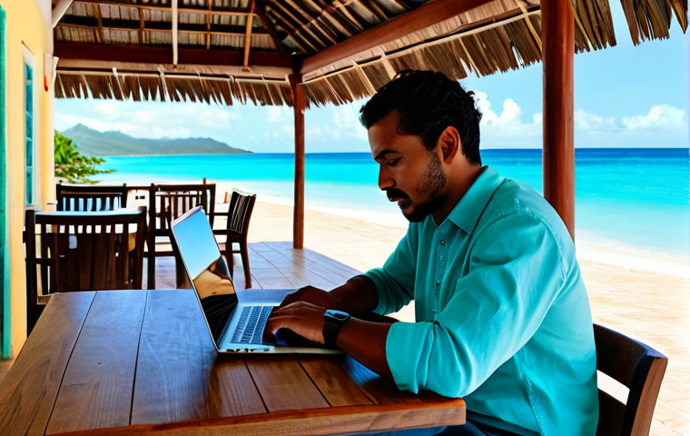 앤티가 바부다 디지털 노마드 생활 - "A digital nomad working on a laptop at a cafe in Antigua, fully clothed in casual attire, with a vi...