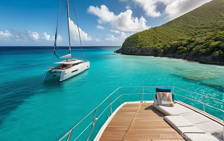 앤티가 바부다 해양 안전 - **A serene aerial view of a modern sailing yacht gracefully anchored in the impossibly clear, vibran...