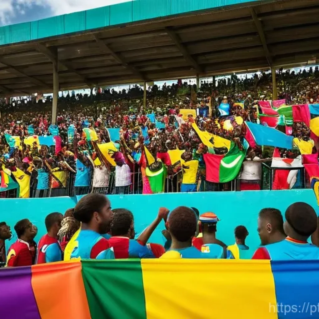 앤티가 바부다 축구 리그 - **A Vibrant Caribbean Football Celebration:** A wide-angle shot of a lively football stadium in Anti...