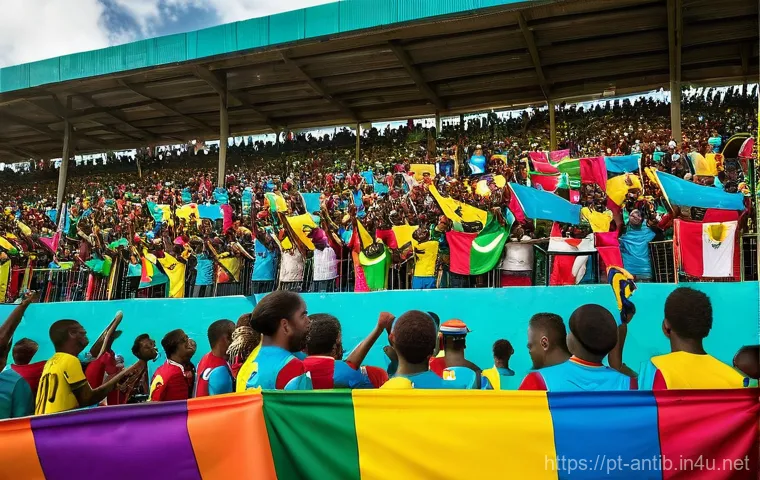 앤티가 바부다 축구 리그 - **A Vibrant Caribbean Football Celebration:** A wide-angle shot of a lively football stadium in Anti...