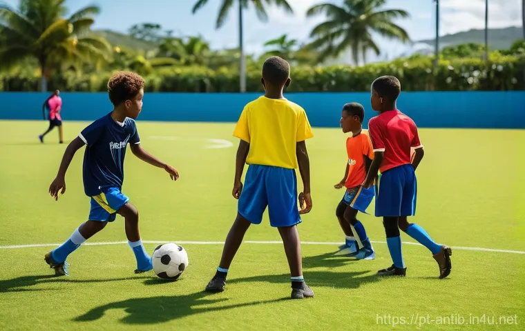 앤티가 바부다 축구 리그 - **A Vibrant Caribbean Football Celebration:** A wide-angle shot of a lively football stadium in Anti...