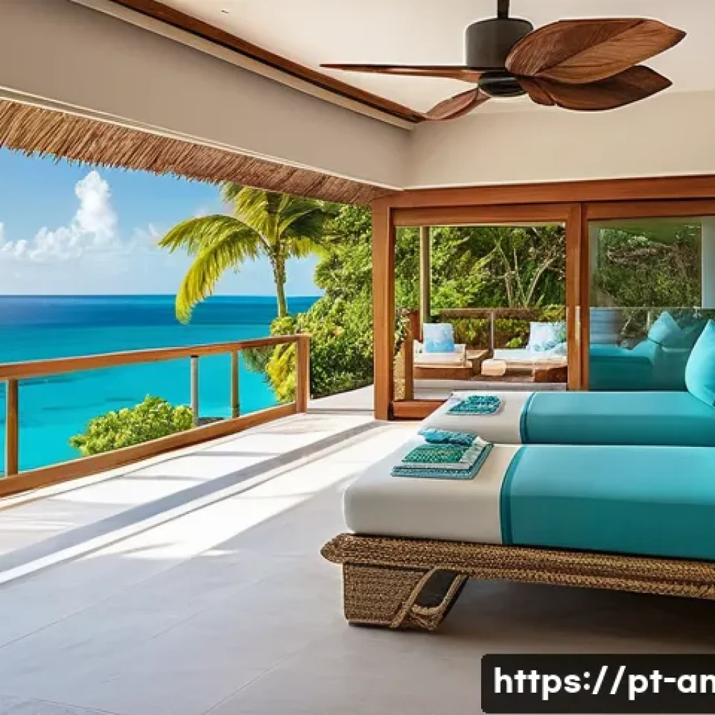 앤티가 바부다 올인클루시브 리조트 - A luxurious seaside resort suite balcony view at sunrise in Antigua and Barbuda, featuring elegant o...