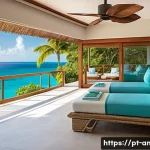 Home 22 앤티가 바부다 올인클루시브 리조트 - A luxurious seaside resort suite balcony view at sunrise in Antigua and Barbuda, featuring elegant o...