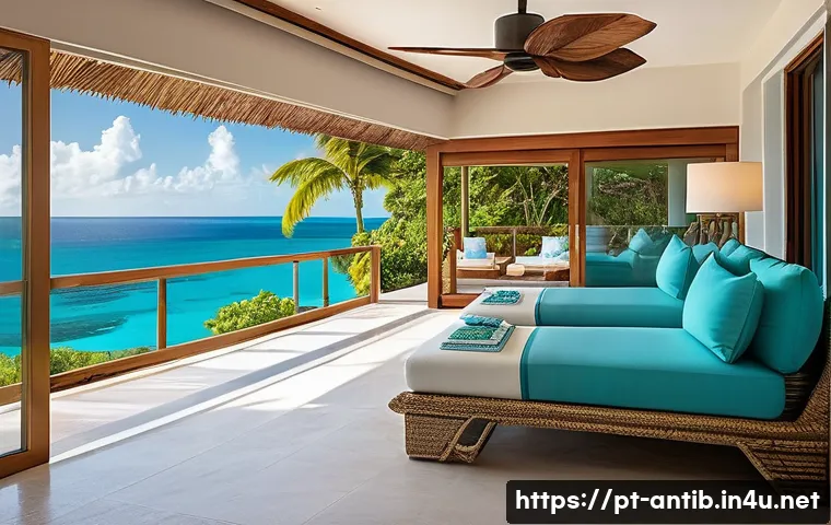 앤티가 바부다 올인클루시브 리조트 - A luxurious seaside resort suite balcony view at sunrise in Antigua and Barbuda, featuring elegant o...