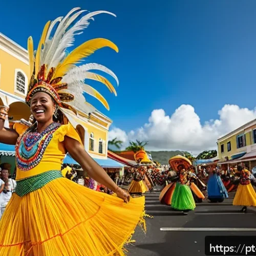Home 33 앤티가 바부다 독립 과정 - A vibrant street scene during Antigua and Barbuda’s Carnival, showcasing dancers in colorful traditi...