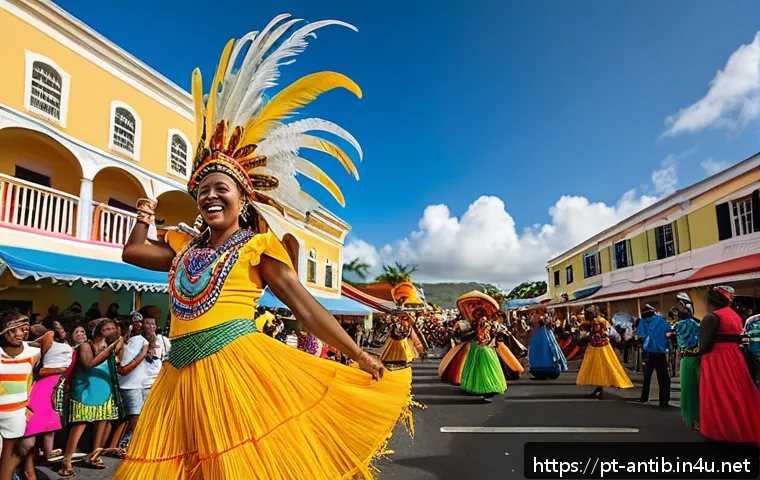 앤티가 바부다 독립 과정 - A vibrant street scene during Antigua and Barbuda&rsquo;s Carnival, showcasing dancers in colorful traditi...