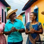 Home 20 앤티가 바부다 현지 언어 - A vibrant street scene in Antigua showcasing local people engaged in lively conversation, dressed in...