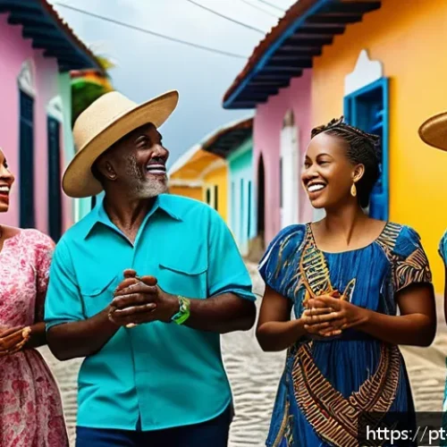Home 32 앤티가 바부다 현지 언어 - A vibrant street scene in Antigua showcasing local people engaged in lively conversation, dressed in...