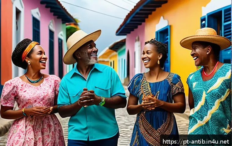 앤티가 바부다 현지 언어 - A vibrant street scene in Antigua showcasing local people engaged in lively conversation, dressed in...