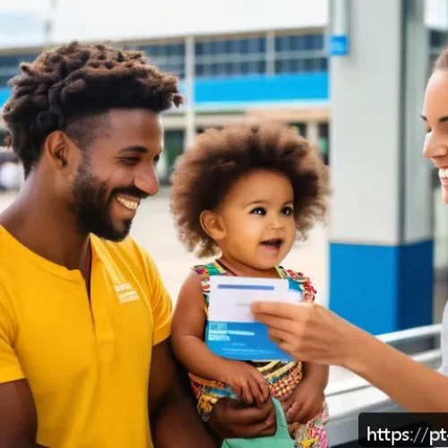 Home 31 앤티가 바부다 백신 및 건강 관리 - A diverse group of travelers at a tropical Caribbean airport health checkpoint, showing a cheerful f...