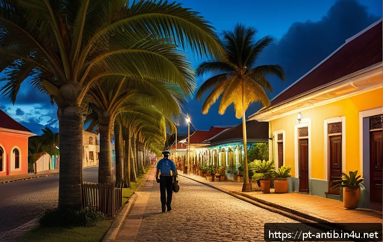 앤티가 바부다 범죄율 - A vibrant street scene in Antigua and Barbuda at dusk, featuring well-lit tourist areas with modern ...