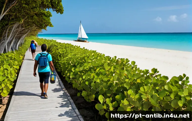 앤티가 바부다 지속가능한 관광 - Photorealistic sustainable tourism scene in Antigua and Barbuda, a Portuguese-speaking couple carryi...
