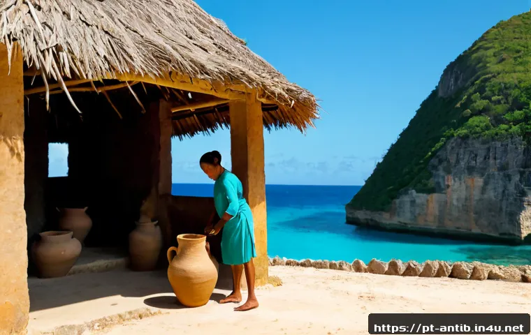 Home 17 앤티가 바부다 원주민 문화 - Photorealistic cultural heritage scene in Antigua and Barbuda, Indigenous Arawak-inspired artisan we...