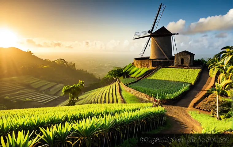 Home 17 앤티가 바부다 식민지 시대 - Photorealistic historical scene of 18th-century Antigua, a Caribbean sugar plantation landscape at d...