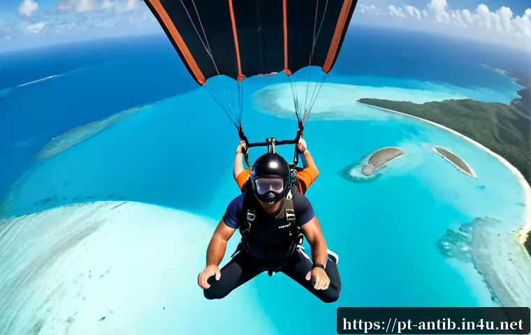 앤티가 바부다 스카이다이빙 - Photorealistic wide aerial view of a tandem skydive above Antigua and Barbuda, two fully clothed adu...