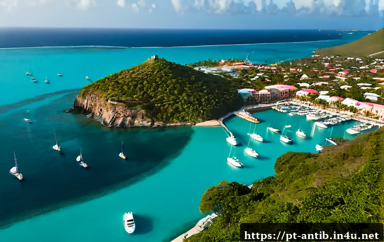앤티가 바부다 조세 회피처 논란 - Photorealistic aerial view of a pristine Caribbean island harbor in Antigua and Barbuda, luxury yach...