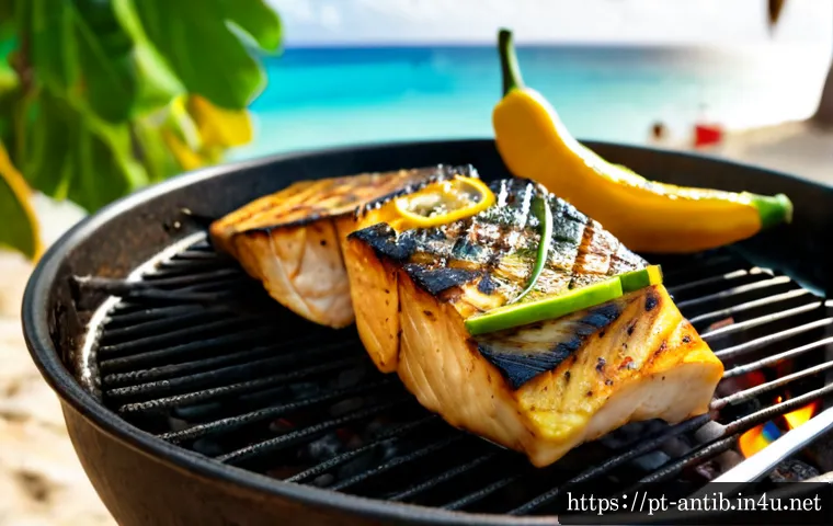 앤티가 바부다 도미 요리 - Photorealistic Caribbean-style mahi-mahi fillets grilled on a clean outdoor barbecue beside a turquo...